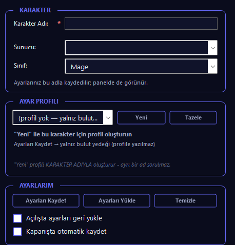 FunnyMacro — Ayarlar, Karakter sekmesi