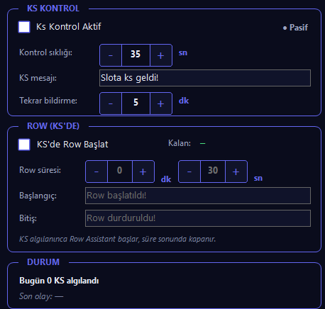 FunnyMacro — KS Kontrol, Row ve Durum kutuları