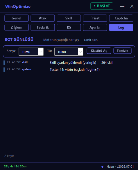 FunnyMacro — Bot Günlüğü ekranı